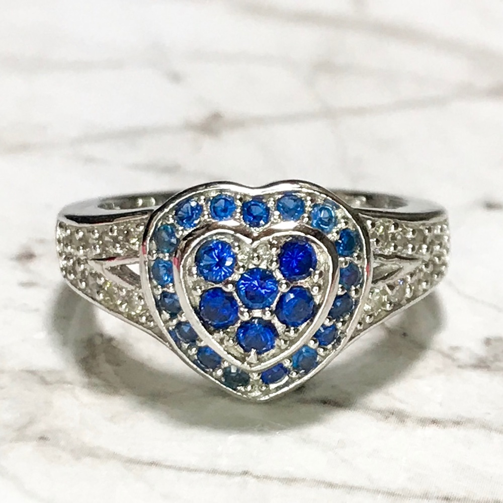 NEW Sterling Silver Heart With Blue Stones Ring